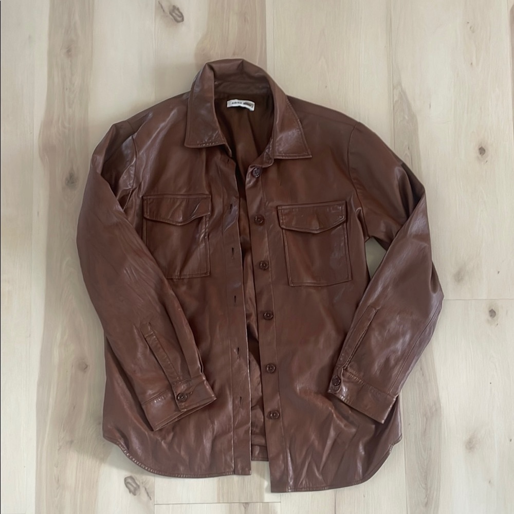Anine Bing Chocolate Button-Down Vegan Leather Shirt